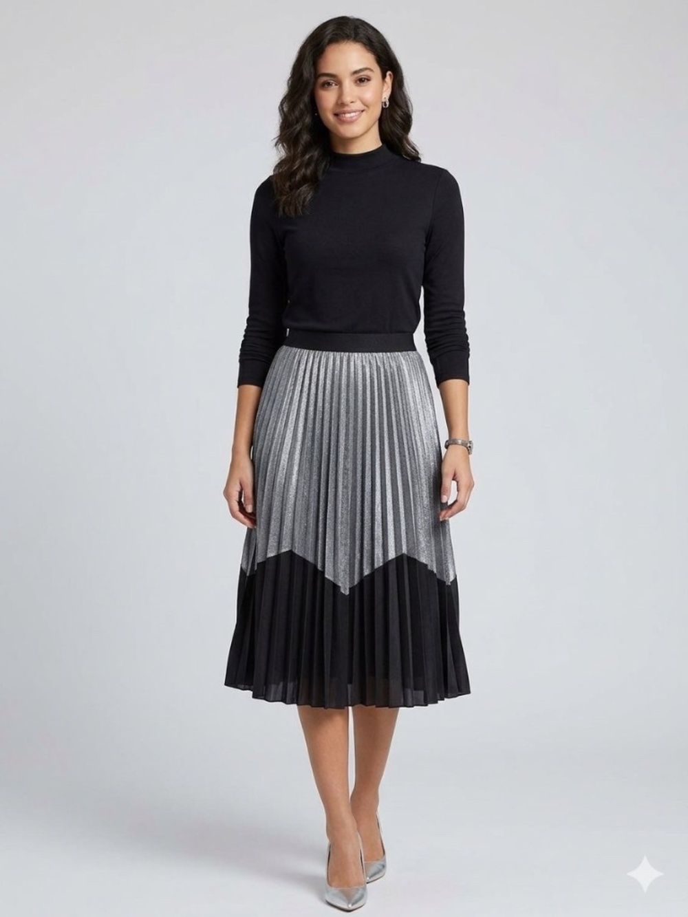NWT MetroWear Silver Metallic & Black Colorblock Pleated Midi Skirt Glam Party